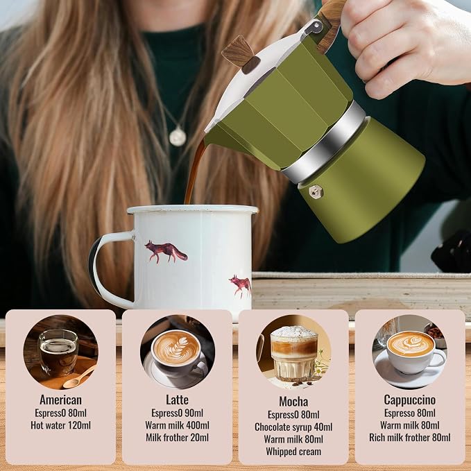 3 Cup Aluminum Moka Pot Classic Stovetop Espresso Coffee Maker 150ml 5oz Coffeemaker Percolator Mocha Pot Greca Coffee Maker Cafe Makers for Italian and Cuban Café Brewing Green - Image 7