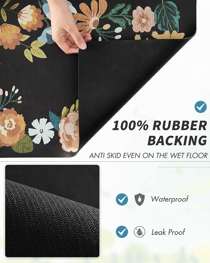 AMOAMI Coffee Mat Hide Stain Rubber Backed Absorbent Dish Drying Mat for Kitchen Counter - Bar Accessories Fit Under Coffee Maker, Espresso Machine, Dish Rack - Floral Black 16x24 - Image 4