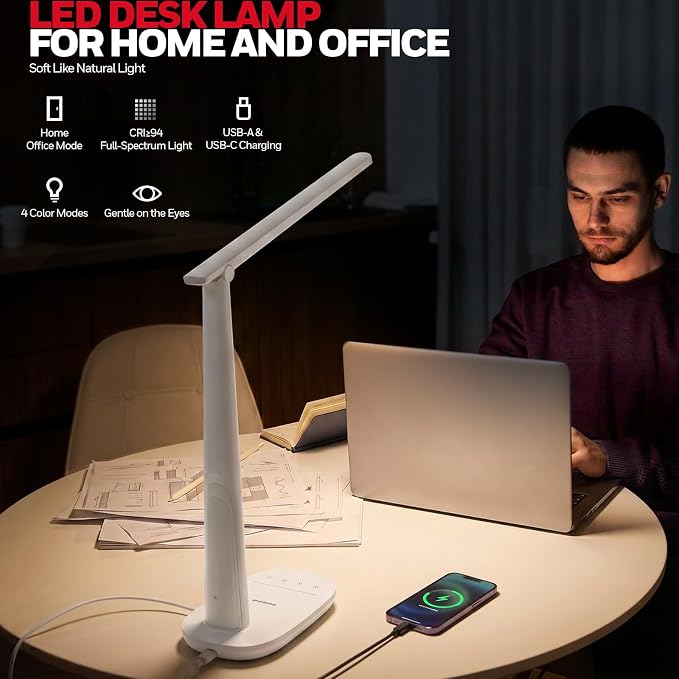 Honeywell LED Desk Lamp for Home Office, Eye-Caring Dimmable Reading Light with 4 Color Modes, Touch Control, USB-A & USB-C Charging Ports, Adjustable Head, Timer for Bedroom & Small Desks - Image 2