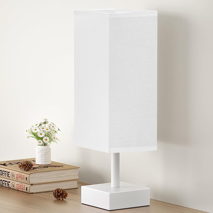 aooshine White Small Bedside Lamp for Bedroom - Square White Fabric Shade | Inline Rocker Switch, Corded Electric, Bulb Not Included, 12.8" Mini Table Lamp for Nightstand, Desk, Dorm, Office by Aooshine