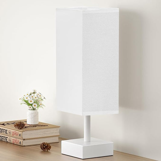 aooshine White Small Bedside Lamp for Bedroom - Square White Fabric Shade | Inline Rocker Switch, Corded Electric, Bulb Not Included, 12.8" Mini Table Lamp for Nightstand, Desk, Dorm, Office by Aooshine