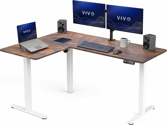 VIVO Vintage Brown 63 x 47 in Corner Standing Desk, DESK-E3CTWN-47 | Electric, Reversible L-Shaped Table, Sit Stand, Height Adjustable, Memory Controller, Office Furniture Sets, White Frame by Unknown