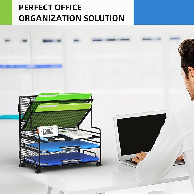 MINDEPOT 4-Tier Paper Organizer + 3-Pocket File Holder, Desktop File Organizers Paper Tray for Office School Classroom Workspace Organization (Black Desk Organizer, No Drawer & No Pen Holder) - Image 6