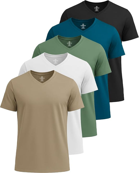 5 Pack Men's Dry Fit V Neck Gym Workout T Shirts Athletic Moisture Wicking | Cooling, Quick Dry, Breathable, Short Sleeve, Exercise, Cycling, Sports, Outdoor, Fitness, Golf, Crossfit, Hiking, Tennis by RealEssentials