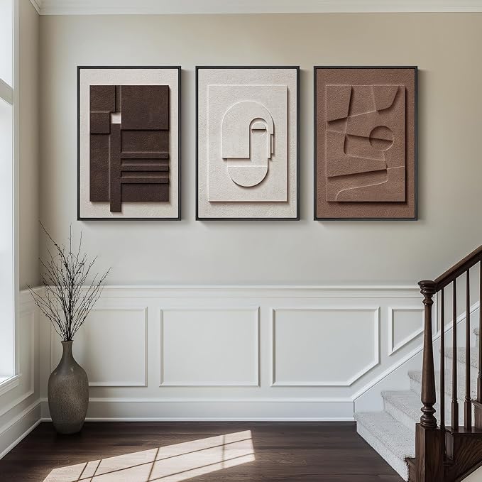 Large 3D Textured Framed Neutral Abstract Wall Art for Living Room, 3 Piece Modern Artwork for Walls, Minimalist White and Brown Geometric Wall Paintings for Hallway, Stair, Office Wall Decor 24x36 In - Image 8