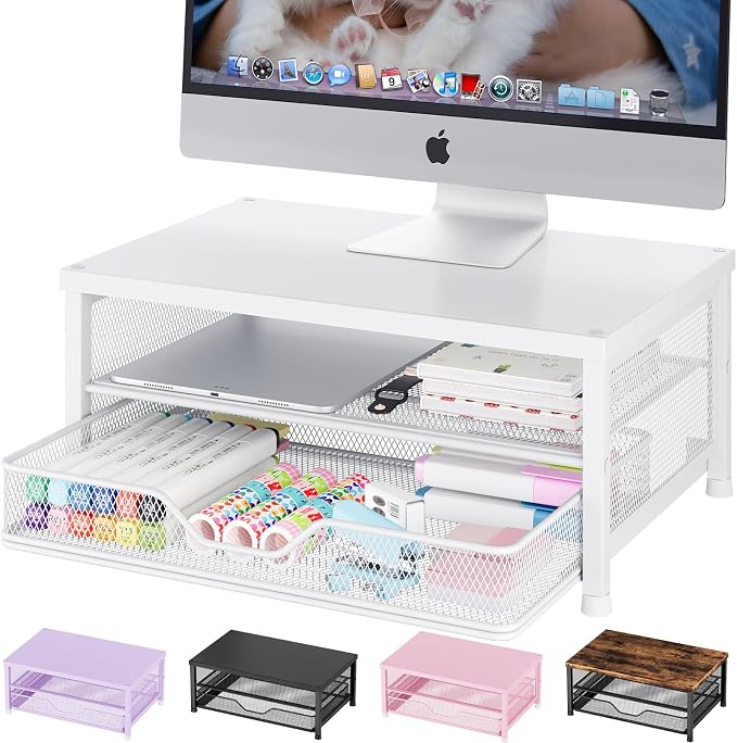 OPNICE Computer Monitor Stand Riser, Desk Organizer with Drawer, Printer & Laptop Stand, Office Desk Accessories & Workspace Desktop Organizers Storage for Office Supplies(White) by OPNICE