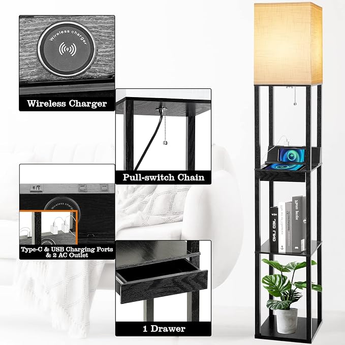 Floor Lamp with Shelves, RUNTOP LED Shelf Floor Lamp with Wireless Charger & 2 Charging USB Ports & Drawer, AC Outlet, 3 Color Temperature Tall Standing Lamp with Bulb for Living Room, Bedroom, Office - Image 4