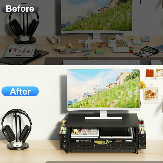 Spacrea Desk Organizer and Accessories, Computer Monitor Stand Riser with Drawer and 2 Pen Holders, Office Desk Accessories & Workspace Organizers for Office Supplies (Black) - Image 2