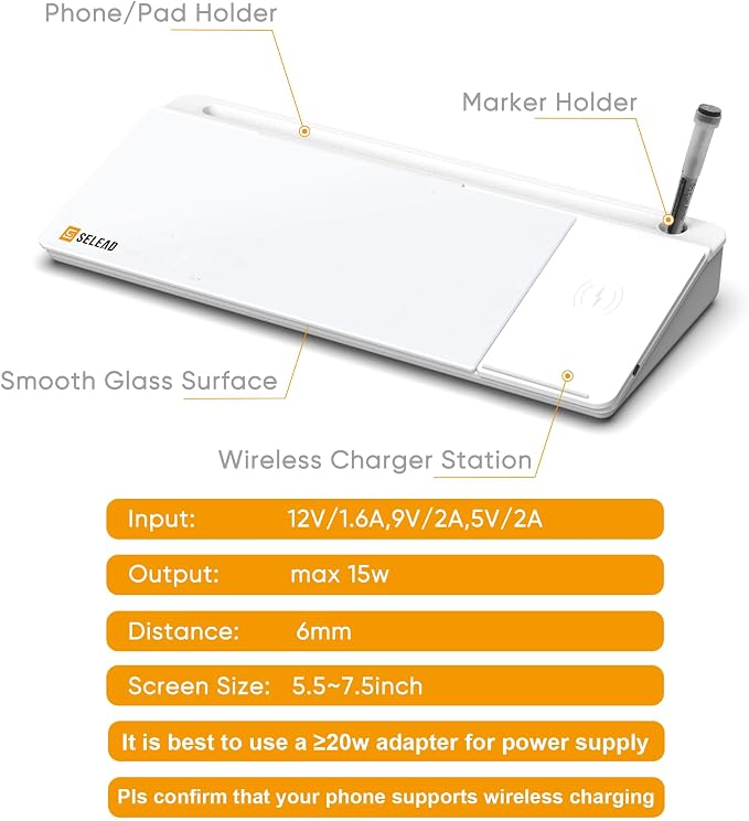 SELEAD Desktop Glass Whiteboard with Wireless Charger & Built-in Mirror, Dry Erase Board Computer Pad Keyboard Stand with Organizer for Home, School, Office Desk Accessories, White - Image 7