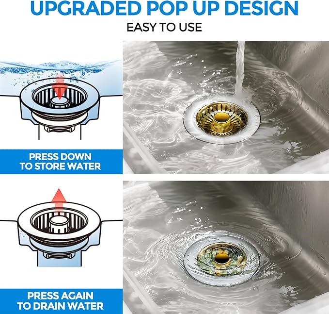 zaa 3 in 1 Kitchen Sink Drain Strainer Stopper Removable Basket Pop-Up | Kitchen Sink Accessories 1 Pack Gold Stainless - Food Catcher, Odor-Blocking Seal, Fits 3.5" Drain - Image 3