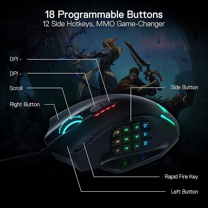 Redragon M908 Wired MMO RGB Gaming Mouse 12400 DPI Remapping Keys | Stable Lag-Free Connection, Redefine Keybinding Macro, Vibing Backlight, Ergonomic Grip Body Comfort - Image 4