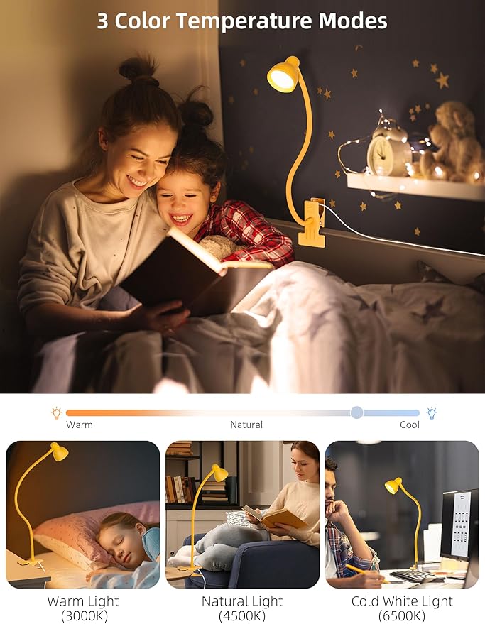 LiFMIRA Desk Lamp Clip on Lamp for Bed, LED Reading Light for Bed Yellow | 3 Colors 10 Dimmable Brightness, LED Book Light for Reading in Bed Flexible Clip on Light Clamp Lamp for Bed Headboard Desk - Image 2