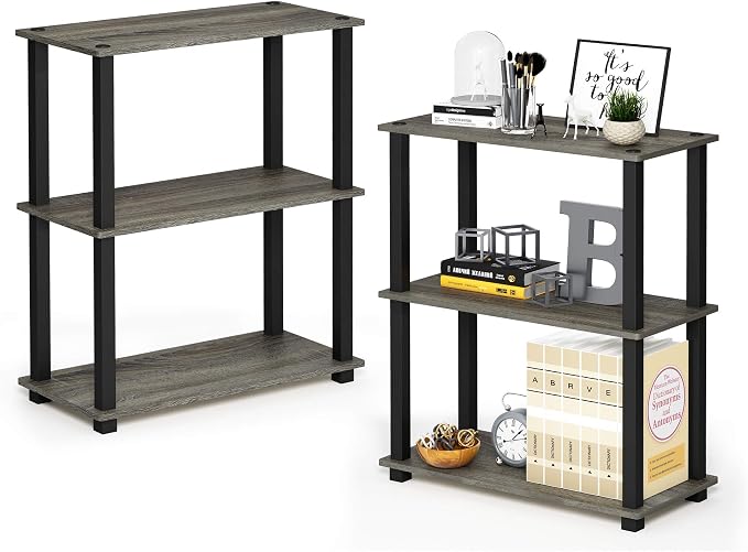 Furinno TURN-S-TUBE Storage Shelves Set of 2, 3-Tier Book Shelf, Corner Shelf, Toolless Open Shelves, Square Tubes, for Organization and Storage, Living Room, Garage, Home Office, French Oak by Furinno-FitsYourSpaceFitsYourBudget