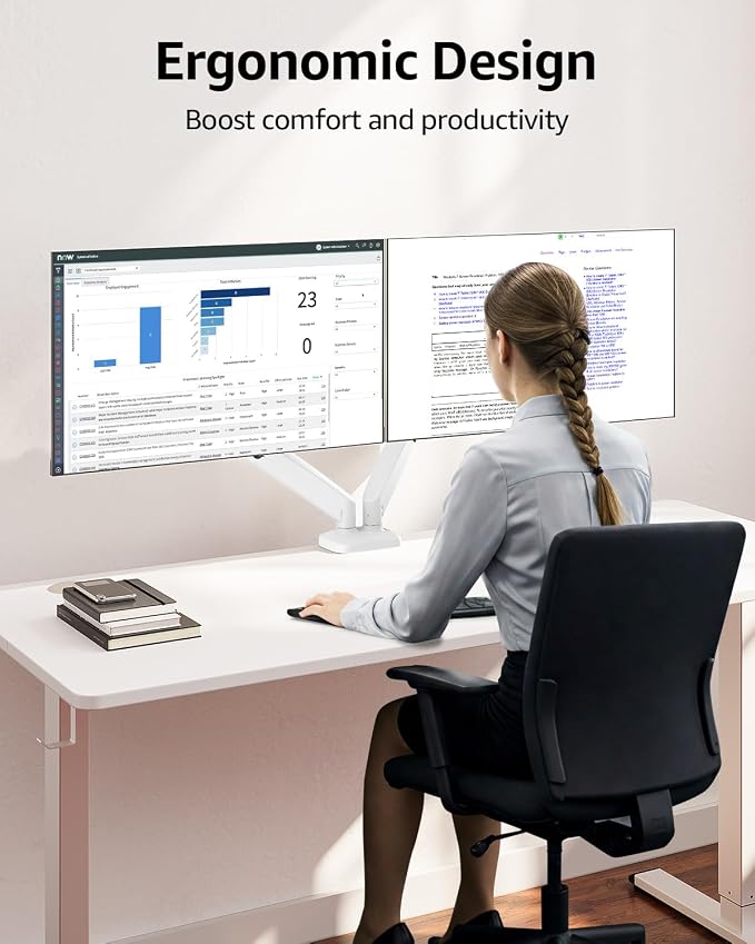 MOUNTUP Dual Monitor Stand for Desk, Monitor Arms for 2 Monitors Max 32 Inches, Height Adjustable Double Monitor Mount, VESA Mount with C-Clamp & Grommet Base, Holds 4.4-17.6lbs, White - Image 8