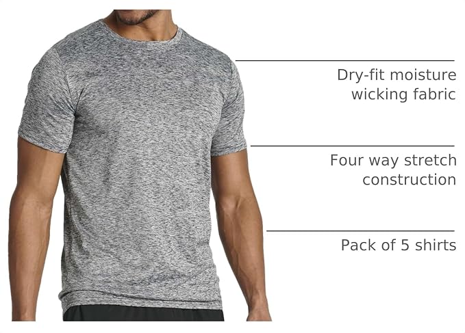 5 Pack Men's Dry Fit Short Sleeve T-Shirt Gym Workout Athletic Running Tee | Cooling, Moisture-Wicking, Crew Neck, Quick-Dry, Breathable, Active, Exercise, Fitness, Basketball, Cycling, Hiking, Tennis - Image 4