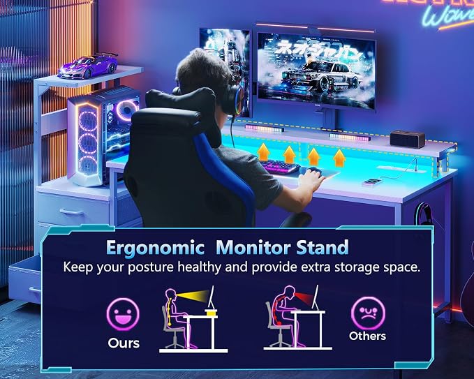 AODK 52 Inch Gaming Desk with USB Charging Ports & LED Light- Reversible Computer Desk with Storage Shelves & Monitor Stand, Modern Gamer Desk Table with Fabric Drawers, White - Image 7