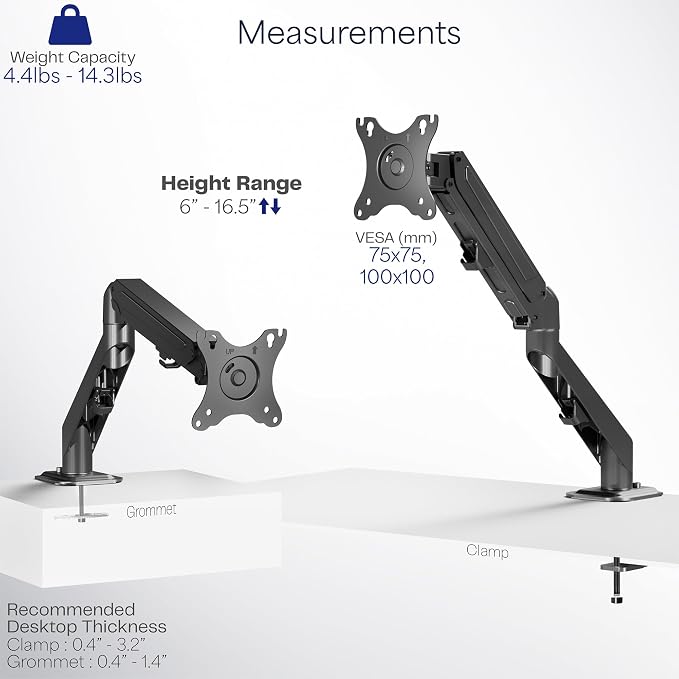 VIVO Heavy Duty Single Monitor Tension Arm for up to 27 inch Screens, Holds 14.3 lbs, Premium Desk Mount Stand, Black, STAND-V101O - Image 4