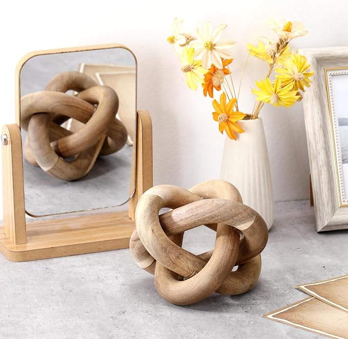 Yalikop 3 Link Wood Knot Decor Rustic Home Décor Accents Hand Carved Coffee Table Decoration, Boho Chain Link Decoration, Modern Shelf, Rustic Objects for Home Living Room Bedroom(Acacia Wood) - Image 5