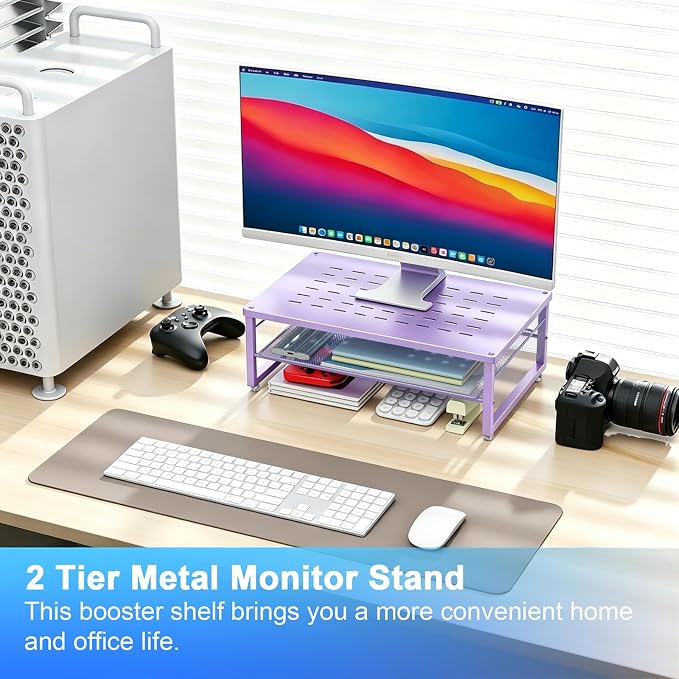 gianotter 2-Tier Metal Monitor Stand Riser, Office Desk Storage Organizer for Computer Monitor, Laptop, Printer, Office Supplies (Purple) - Image 2
