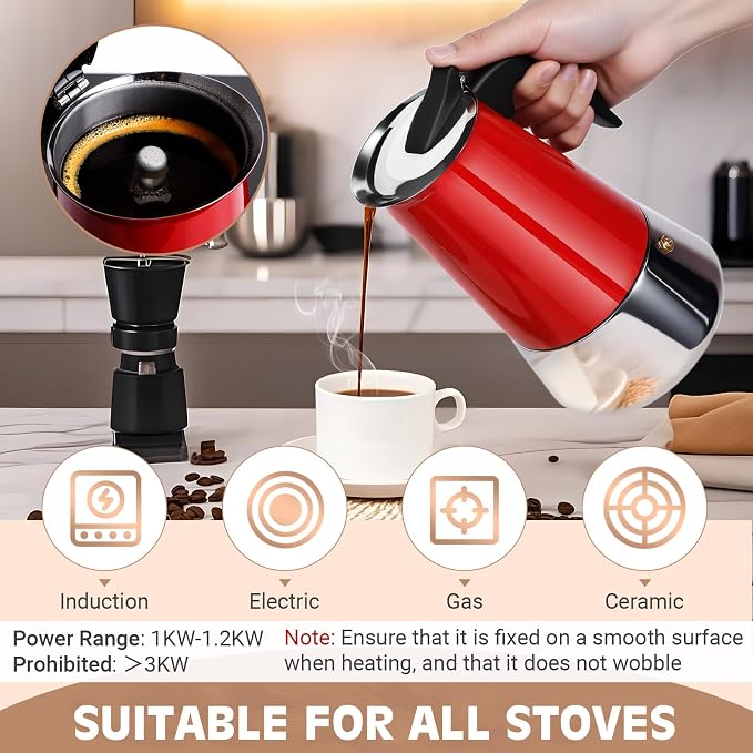 9 Cup Stainless Steel Moka Pot, 450ml Stovetop Espresso Maker, Red | 304 Stainless Steel Mocha Pot, Induction Compatible, Greca de Cafe, Cuban and Italian Coffee Maker - Image 5