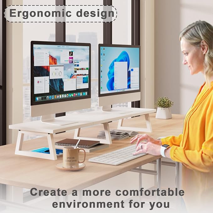 TEAMIX White Dual Monitor Riser for 2 Monitors-42inch, Wood Desktop Dual Stand with Metal Legs, Long Screen/PC/Laptop Storage,Computer Shelf TV Holder Home Office - Image 3