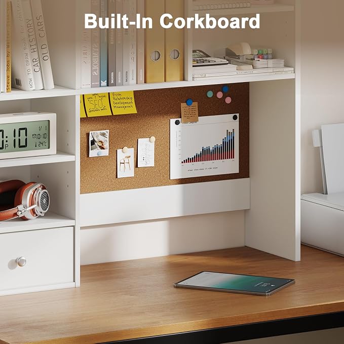 Desk Hutch Dorm with Cork Board, Shelves and Drawer | Desktop Bookshelf for College Dorm, Student Bedroom, White - Image 4