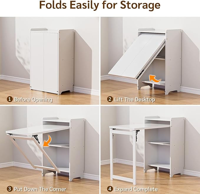 Bamboo Folding Desk with Storage, Foldable Desk for Small Spaces, White | Space-Saving Computer Desk with Storage, Compact Size, Writing Study Table for Home Office, Bedroom, Dorm, Apartment - Image 6