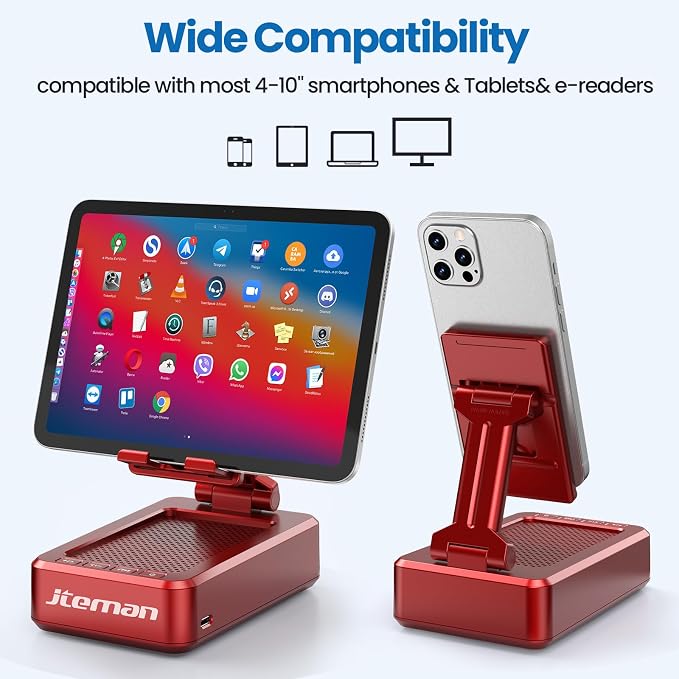 JTEMAN Portable Phone Stand with Speaker Bluetooth Wireless,Gifts for Men Women,Birthday for Women,Kitchen Gadgets for Men,Phone Holder for Desk - Red - Image 4