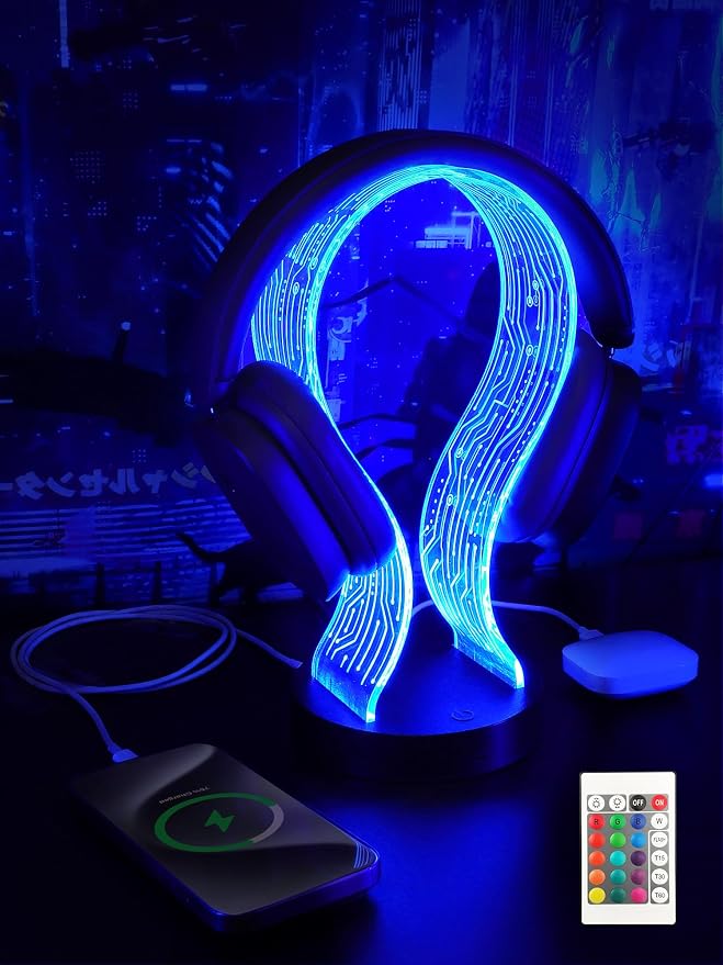 CoolGift Mart Light Up Headphone Stand with 16 Color Lights, PCB Pattern Acrylic Headset Stand with 1 USB and 1 Type-C Charging Ports, Gifts for Gamers Men Boy Father Dad and DJ Music Lovers - Image 9