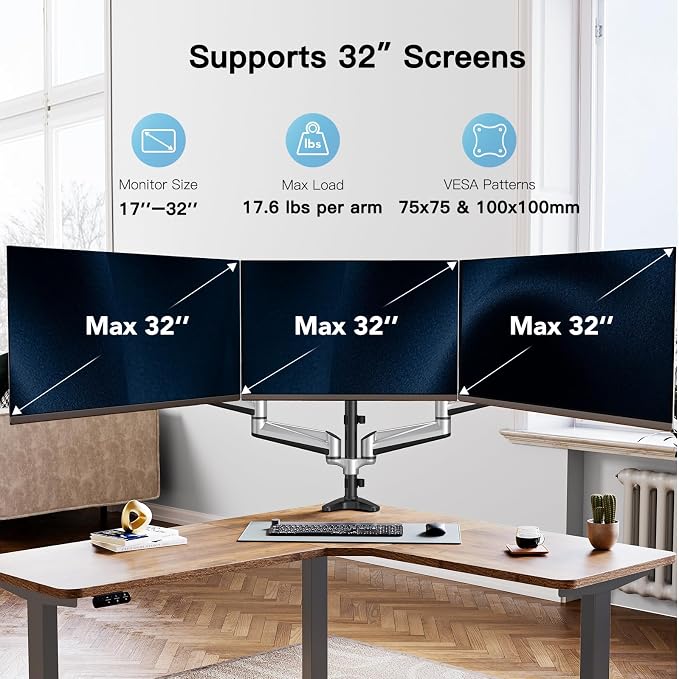 HUANUO Gaming Triple Monitor Stand, Full Motion Articulating Triple Monitor Mount Fit 17 to 32 inch Flat/Curved LCD Computer Screens with Clamp, Grommet Kit, Silver - Image 2