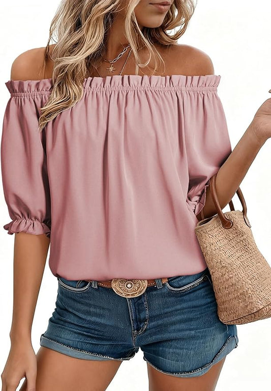 EVALESS Womens Tops Off The Shoulder Blouses for Women Dressy Casual Cute Puff Sleeve T Shirts Fashion 2026 by EVALESS