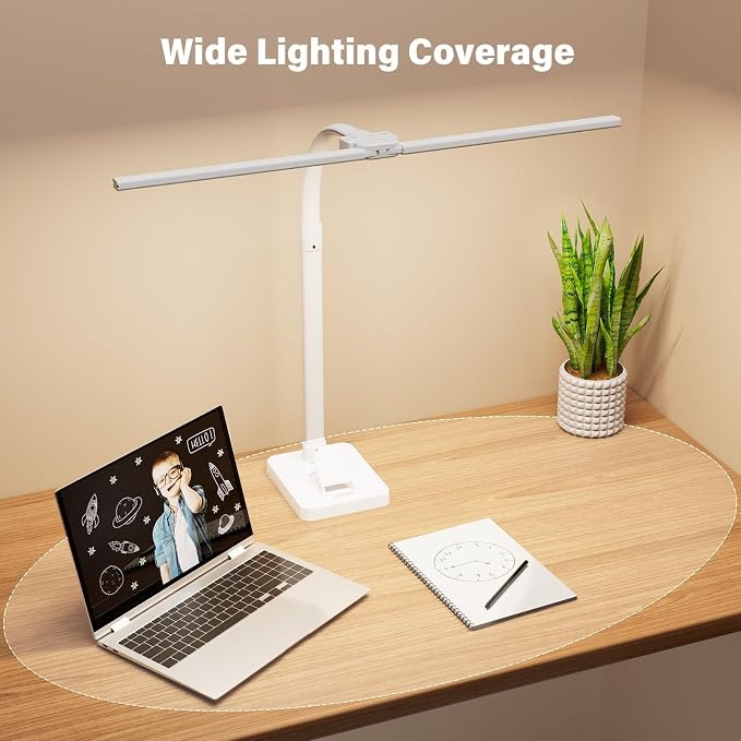 LED Desk Lamp with Base - Bright Dimmable Computer Lamp with Phone Holder, 24W Bendable Desk Light for Monitor Screen, Eye-Caring Tall Desktop Light for Task Home Office Work, White, Dual Head - Image 4