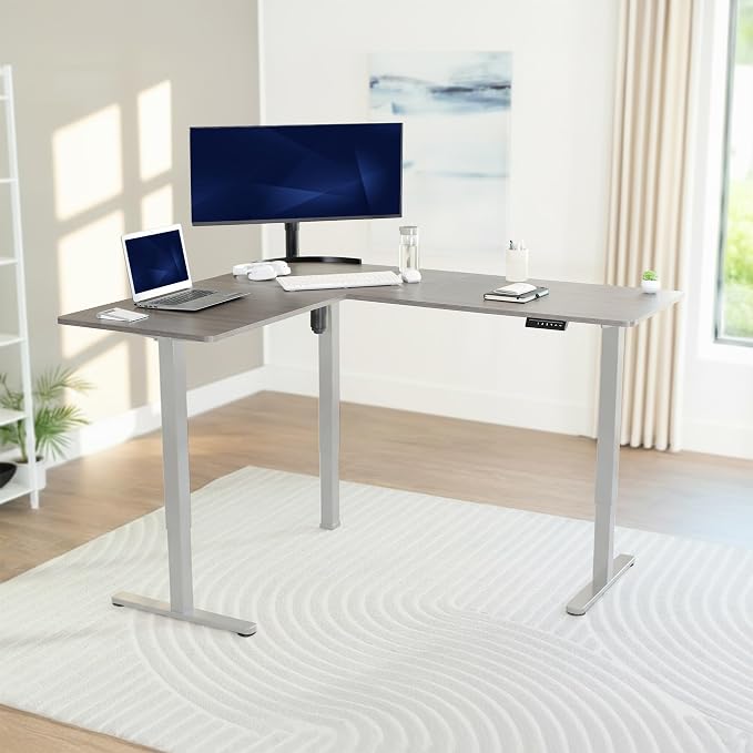 VIVO Dark Gray 63 x 55 in Corner Standing Desk, DESK-E3CTGG | Electric, Reversible L-Shaped Table, Sit Stand, Height Adjustable, Memory Controller, Office Furniture Sets, Gray Frame - Image 2