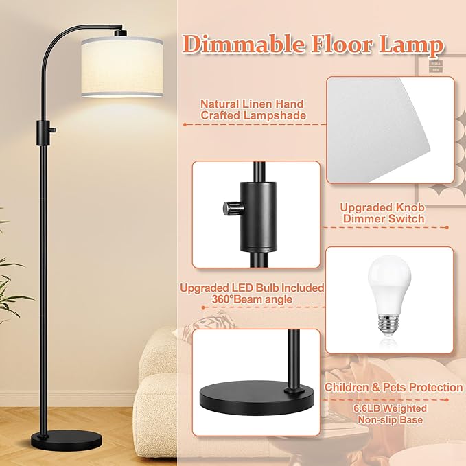 Nintiue Upgraded Modern Arc Dimmable Tall Standing Floor Lamp with White Shade, 1200 Lumens LED Bulb Included, for Living & Reading Room, Bedroom, Office & Nursery, Black - Image 4