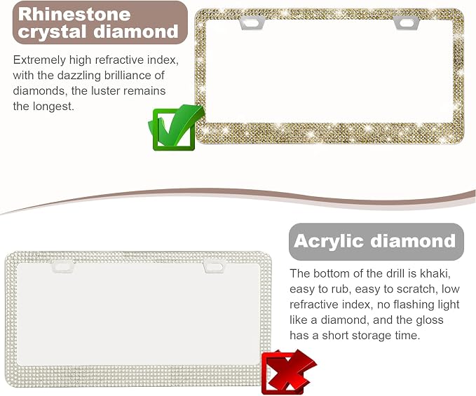 QUANQIUFEI 2 Pack Bling License Plate Frames for Women, Sparkly Rhinestone Diamond Car Accessories with Glitter Crystal Caps (Gold) - Image 4