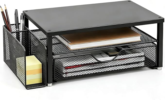 Spacrea Desk Organizer and Accessories, Computer Monitor Stand Riser with Drawer and 1 Open Pen Holder, Printer & Laptop Stand, Office Desk Accessories for Home Office Supplies (Black) by Spacrea