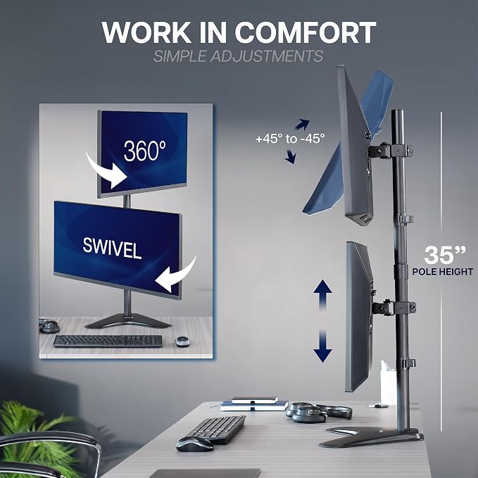 VIVO Dual Monitor Desk Stand Free-Standing LCD Mount, Holds in Stacked Vertical Position 2 Ultrawide Screens up to 34 inches, Black, STAND-V002L - Image 4