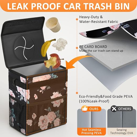 Vankor Car Trash Can for Car Cute,Bag Bin Hanging Waterproof Automotive Garbage Cans Leak Proof Vehicle Trash Can Black Floral - Image 3