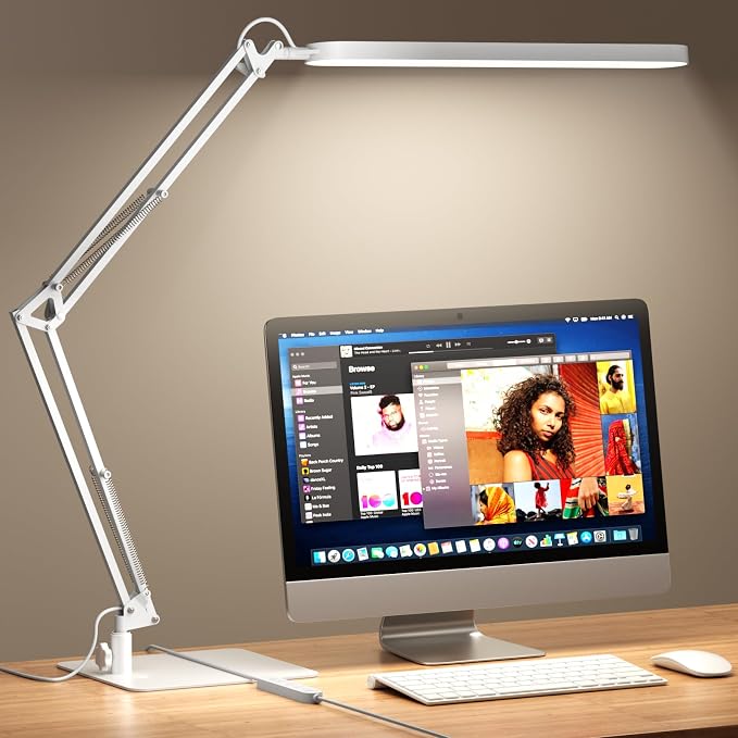 SKYLEO LED Desk Lamp with Slim Base - Adjustable Swing Arm Desk Light, Dimmable, Timer, Eye Protection, Memory Function, 1300LM, 12W, White by SKYLEO