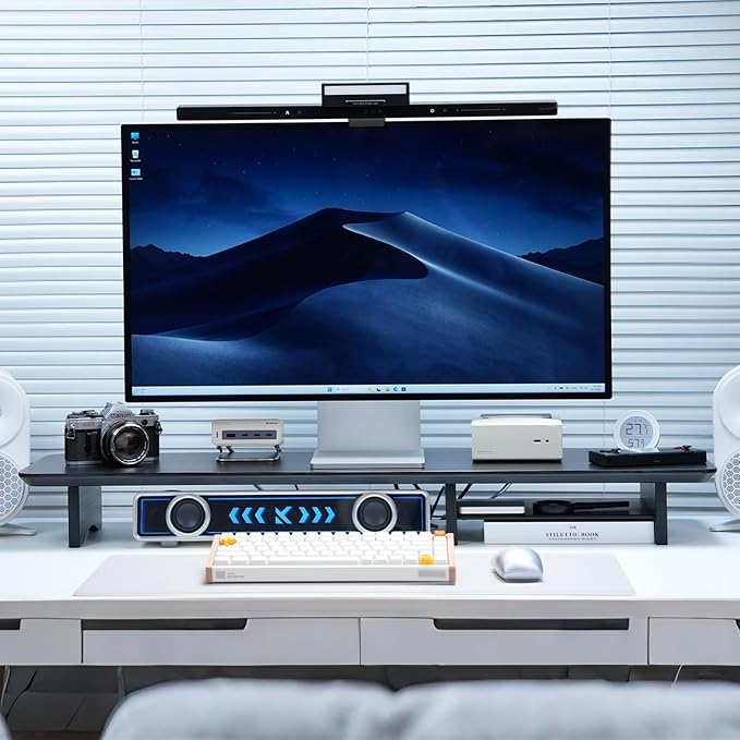 Bamboo Dual Monitor Stand Riser Black, 2-Tier Desk Monitor Riser for 2 Monitors, Supports for PC Computer Monitor, Printer, Heavy TV Riser up to 300 lbs by Rocdeer