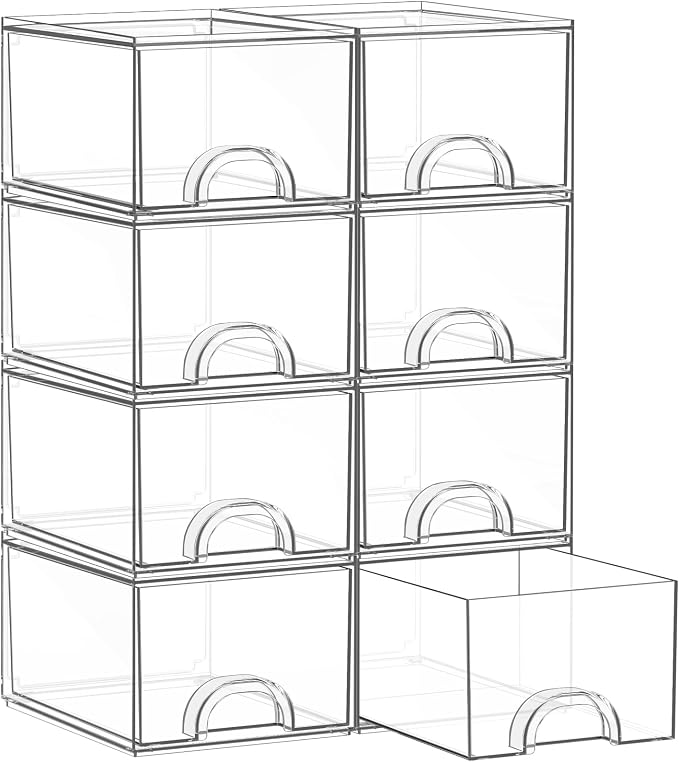 8 Pack Small Clear Stackable Acrylic Storage Boxes for Art Tool & Sketch, Storage Drawers, Storage Organizer, Clear Plastic Makeup Organizer, Ideal for Vanity, Cabinet, Desk Organization by Unknown