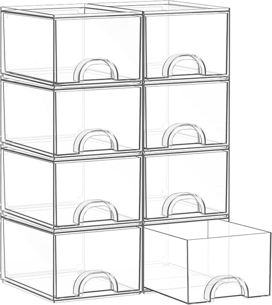 8 Pack Small Clear Stackable Acrylic Storage Boxes for Art Tool & Sketch, Storage Drawers, Storage Organizer, Clear Plastic Makeup Organizer, Ideal for Vanity, Cabinet, Desk Organization by Unknown