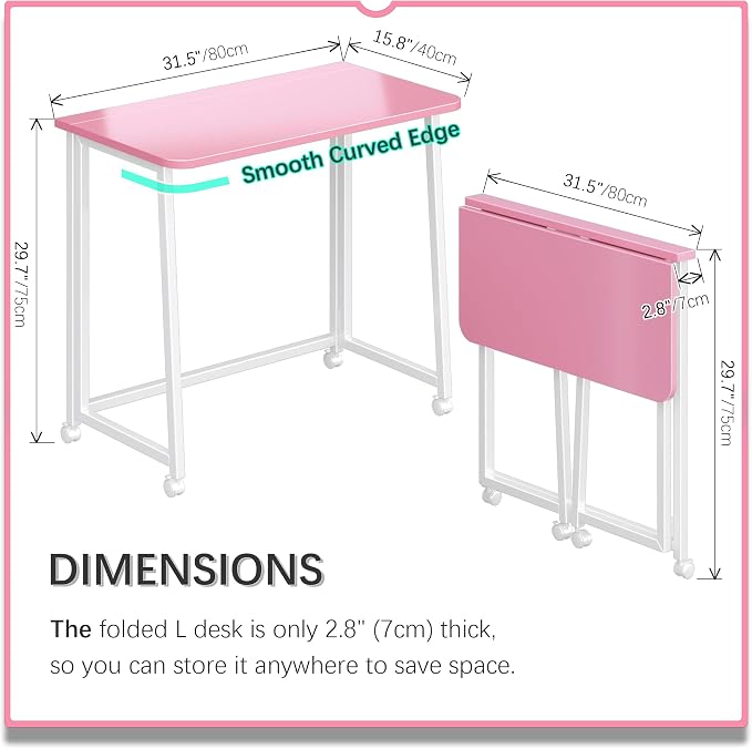 4NM 31.5" Mobile Small Folding Desk, Foldable Rolling Computer Home Office Desk, Study Writing Table for Small Space Saving Bedroom, with Wheels - Pink and White - Image 2