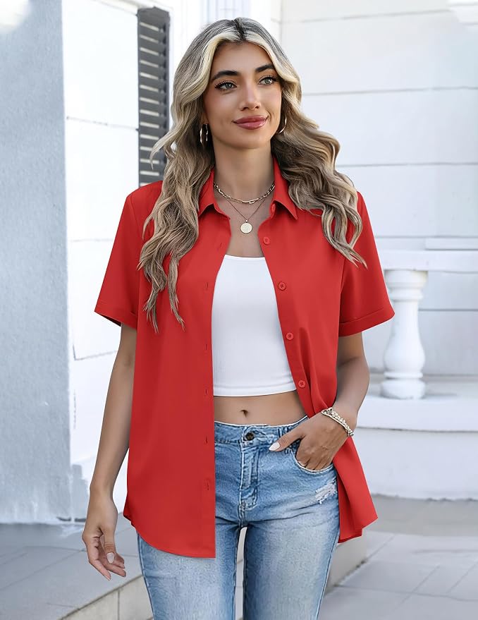 Zeagoo Button Down Shirts for Women Short Sleeve Collared Tops Dressy Casual V Neck Blouses - Image 3
