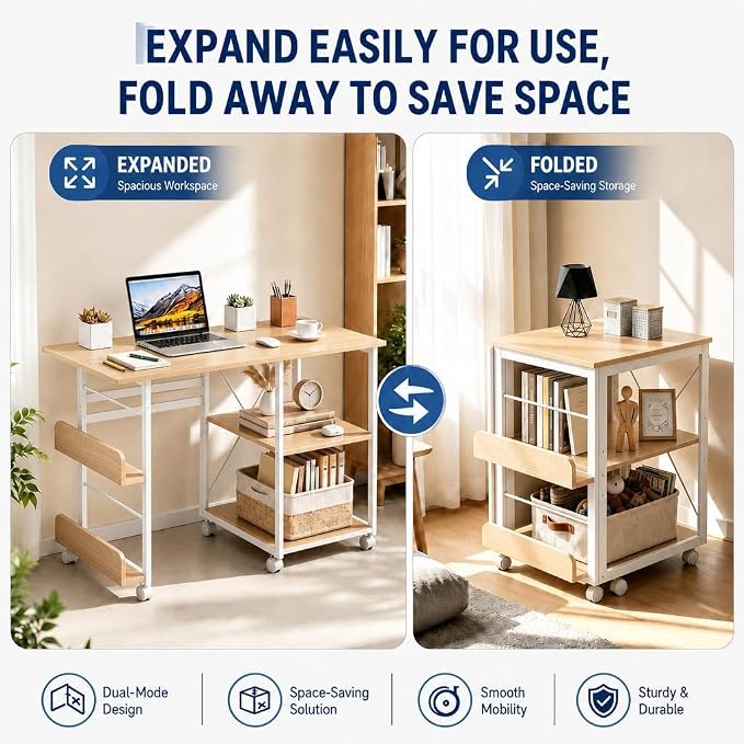 Garvee Folding Desk with Wheels, 31.5" Foldable Computer Desk with Storage Shelf, Space Saving Rolling Home Office Desk for Small Spaces, Portable Writing Table with Side Organizer, Oak - Image 4