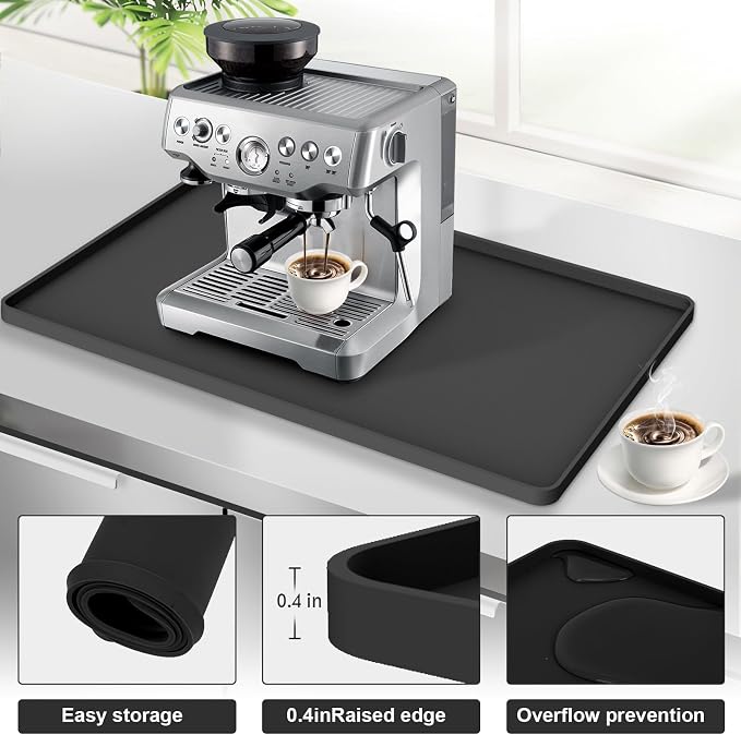 Silicone Coffee Mat 24"x16", Single Piece Anti-Vibration Under Coffee Maker Mat, Non-Slip Espresso Machine Mat with 10mm Raised Edge, Noise Reduction Countertop Protector, Fits Breville Ninja Keurig - Image 4
