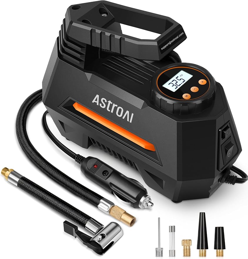 AstroAI AIRUN H Tire Inflator Portable Air Compressor,Fast Inflation Electric Air Pump for Car Tires-Car Accessories,9.8Ft Cord-12VDC-Powered Auto Shut-Off with Digital Pressure Gauge,LED Light,Orange by AstroAI
