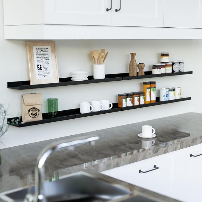 RICHER HOUSE 8-Set Floating Shelves with Lip, Black Wall Mounted Wood Shelf | Display Picture Ledge Shelf, Anti-drop lip Shelf for Room Wall Decor, Bedroom Bathroom Storage Nursery Hanging Book Shelves - Image 5