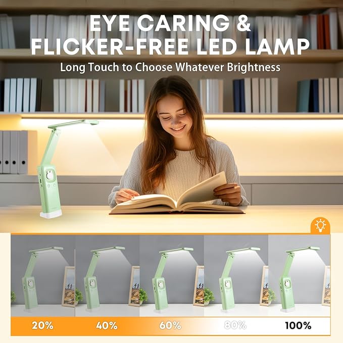 VAVOFO Cute Bunny Desk Lamp, Foldable LED Rechargeable Eye-Caring Reading Light, 3 Color Modes Dimmable Night Light for Kids Girls Bedroom Study Dorm Room (Mint Green) - Image 2