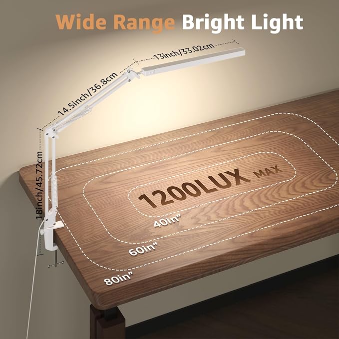 Upgrade Swing Arm LED Desk Lamp with Clamp, 80 LED Beads, 5 Color Modes & 11 Brightness Levels, 360° Adjustable Arm, Eye-Caring Light CRI95, Timer & Memory Function, for Office, Study, Crafting - Image 4